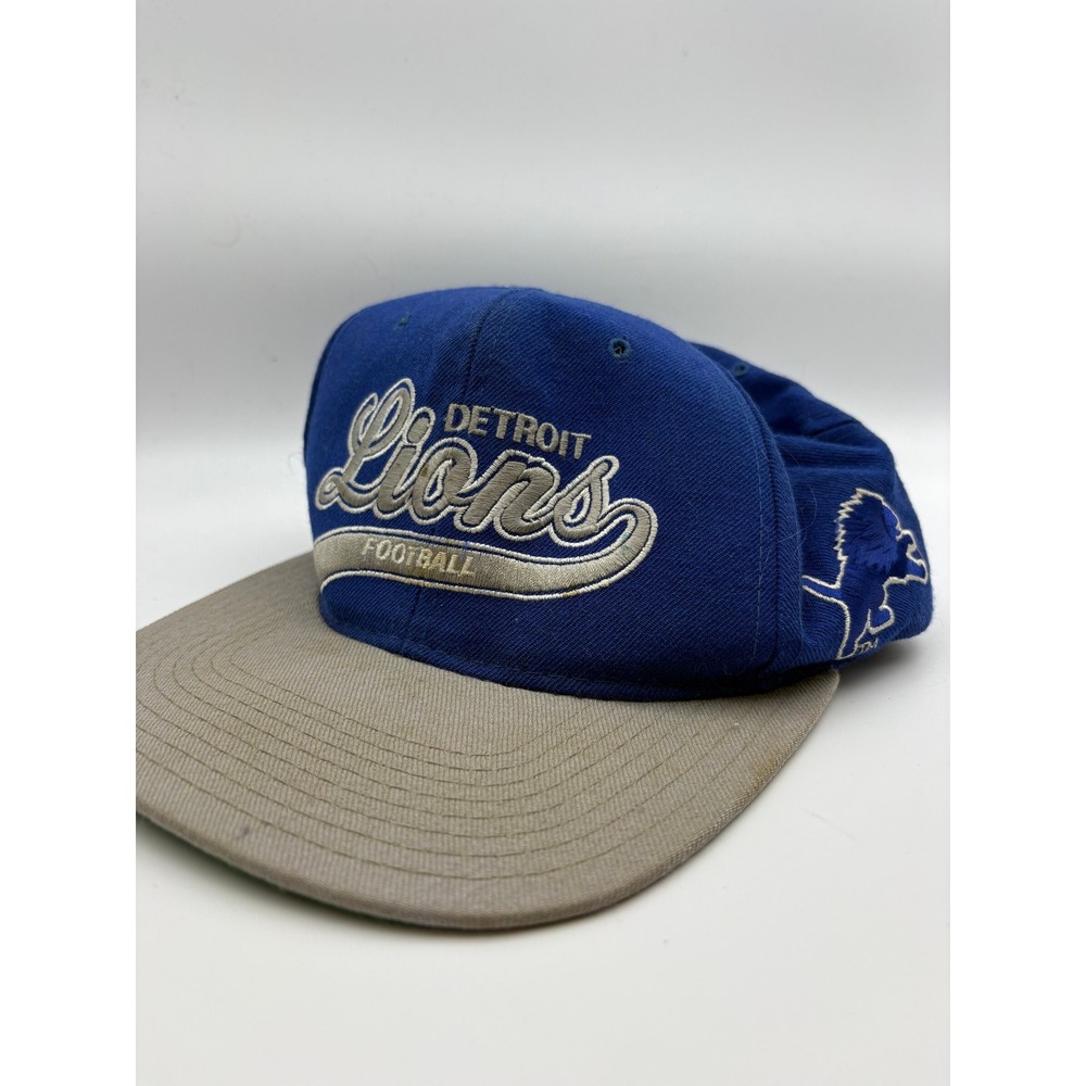 Vintage 90s Detroit Lions Starter Script Snapback Hat Blue Grey Wool NFL Cap